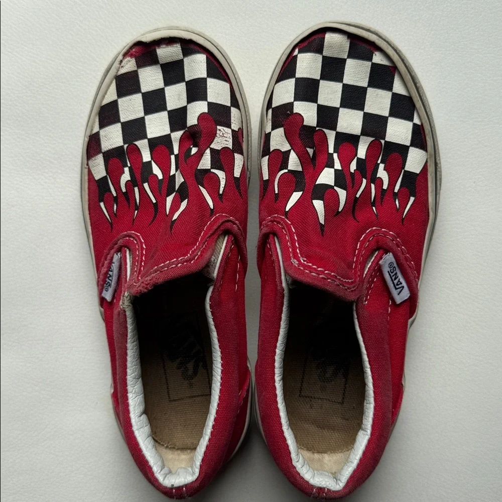 Vans Kids Slip-On Checkerboard Red Flame Sneakers Size 11.5 Black White